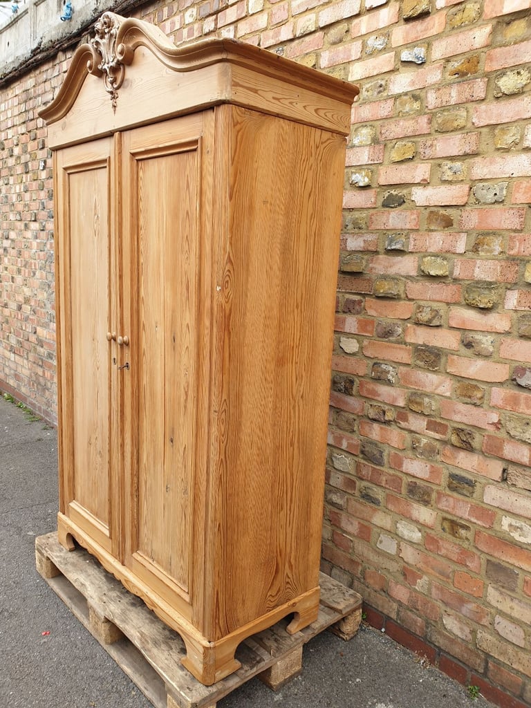 Elegant Antique French Armoire Two Door Wardrobe solid stripped pine wood