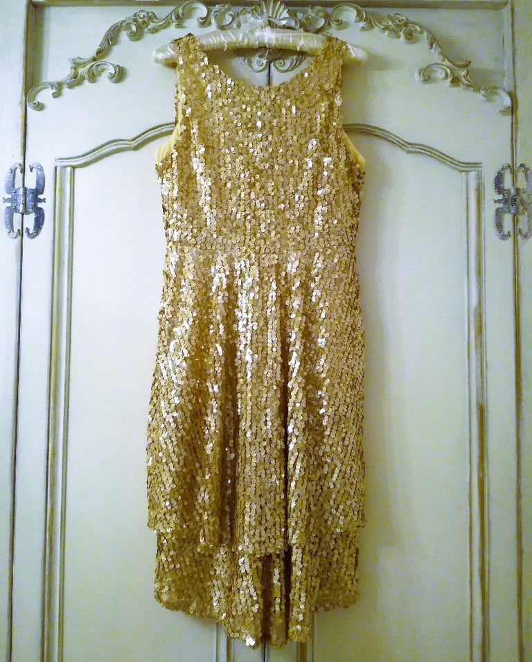 image for DESIGNER SEQUIN DRESS Peach Gold Short 2 Tier Ruffle Sleeveless Scoop Neck Zip Hour Glass Style PROM