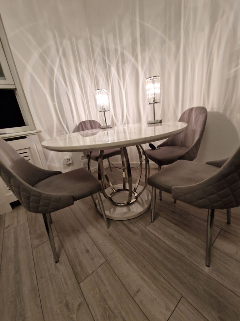 image for White round marble effect dining table and chairs 