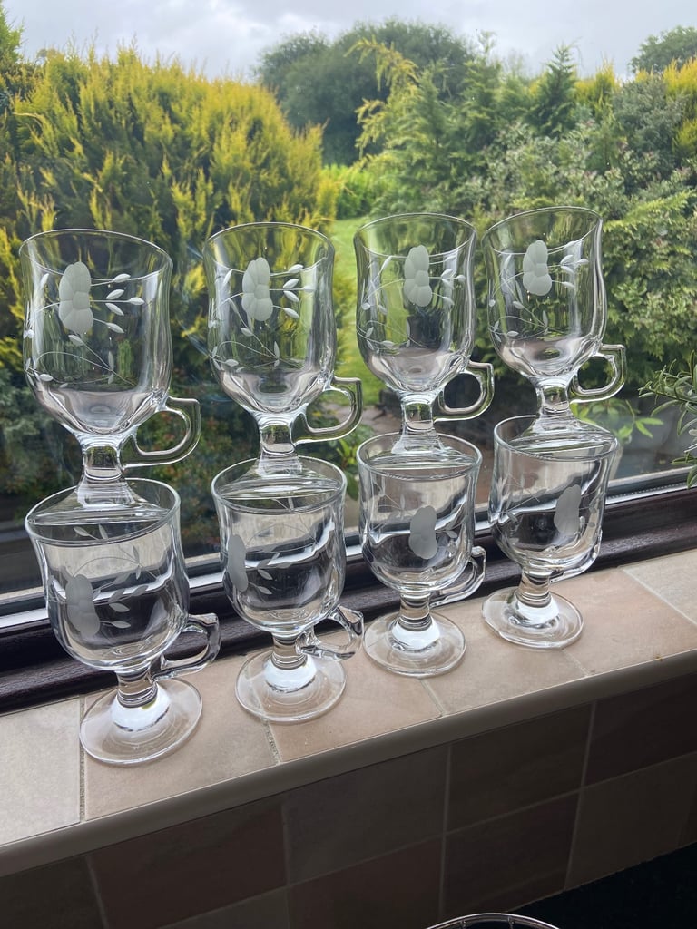 image for Set Of 8 Etched Glass Irish Coffee Glasses - UNUSED 