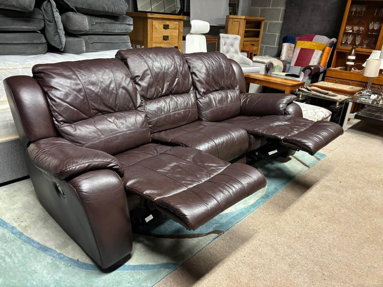 RECLINER Brown Leather 3 Seater Sofa 
