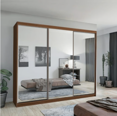 image for Brand New - Chicago Mirror Sliding Door Wardrobe - Walnut- SAME/NEXT DAY DELIVERY
