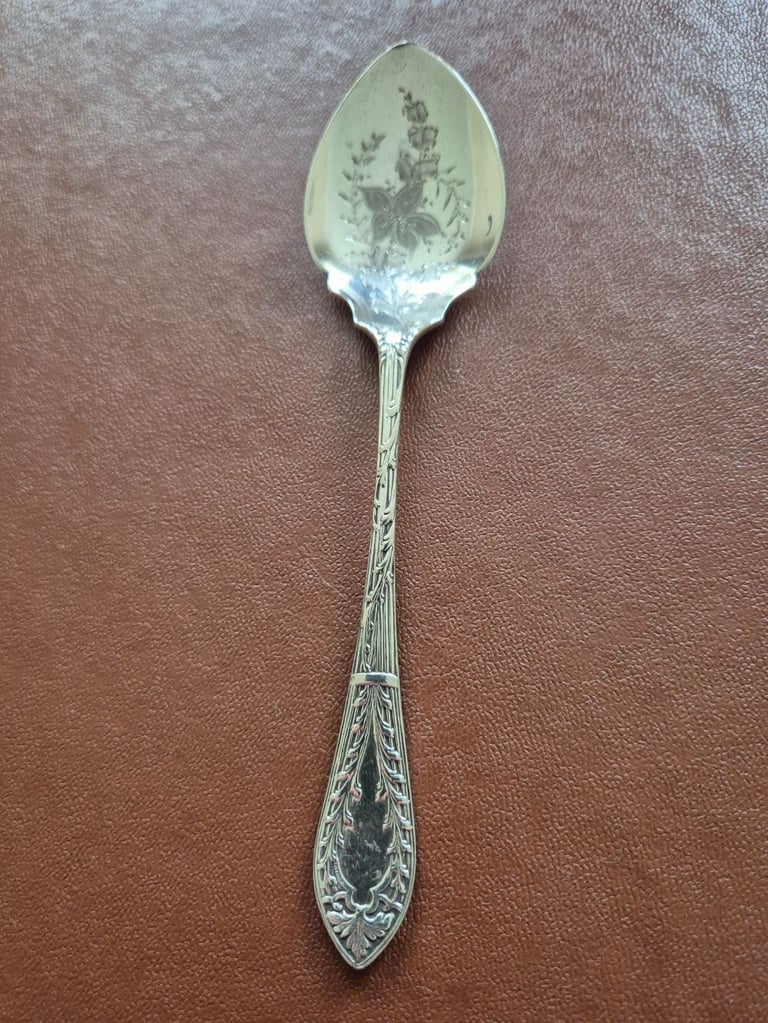 Vintage rare patterned spoon with RD 338050 B & S S BP markings on the back