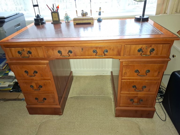 Traditional wooden study desk with leather tip