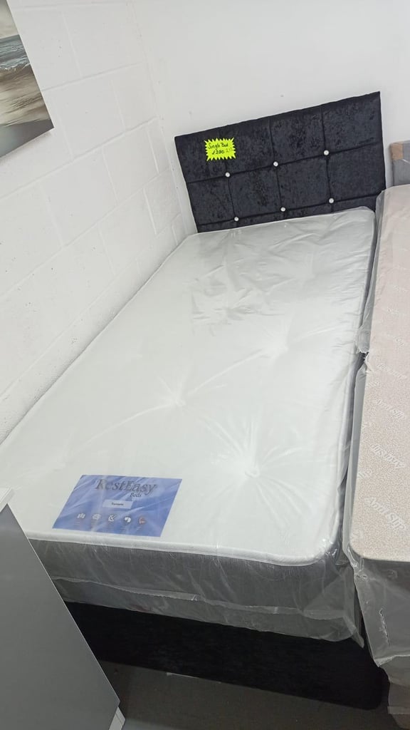 image for Black crush velvet single bed with mattress and headboard 