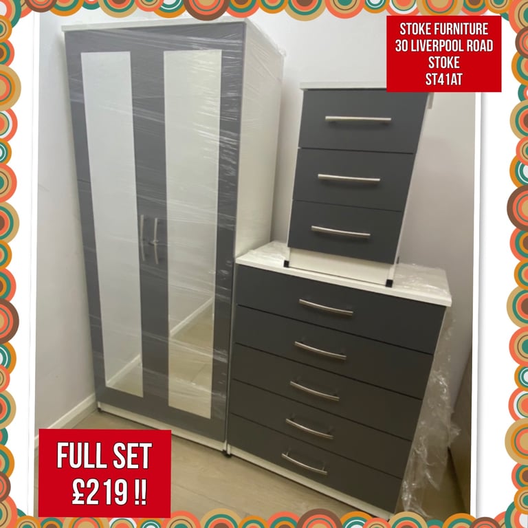 image for WARDROBE WITH MIRRORS + CHEST OF DRAWERS + BEDSIDE CABINET. 