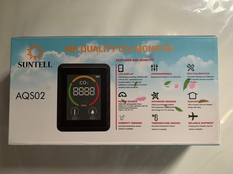 image for Suntell Air Quality CO2 Monitor AQS02 LCD Display with Power Cord - NEW