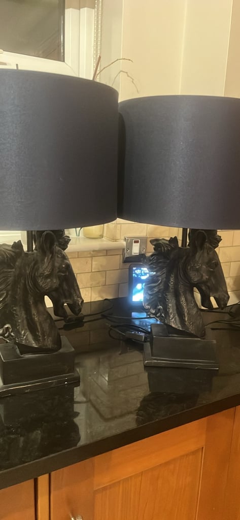 image for Pair of Elegant BHS Horse Head Table Lamps – Bronze Effect with Dark Blue Shades
