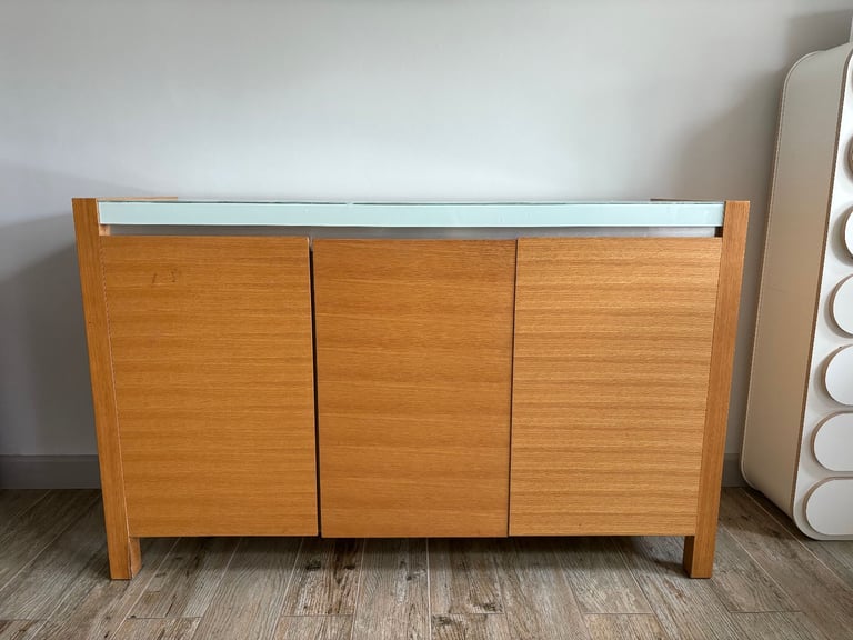 3 panel, solid wood sideboard with glass top