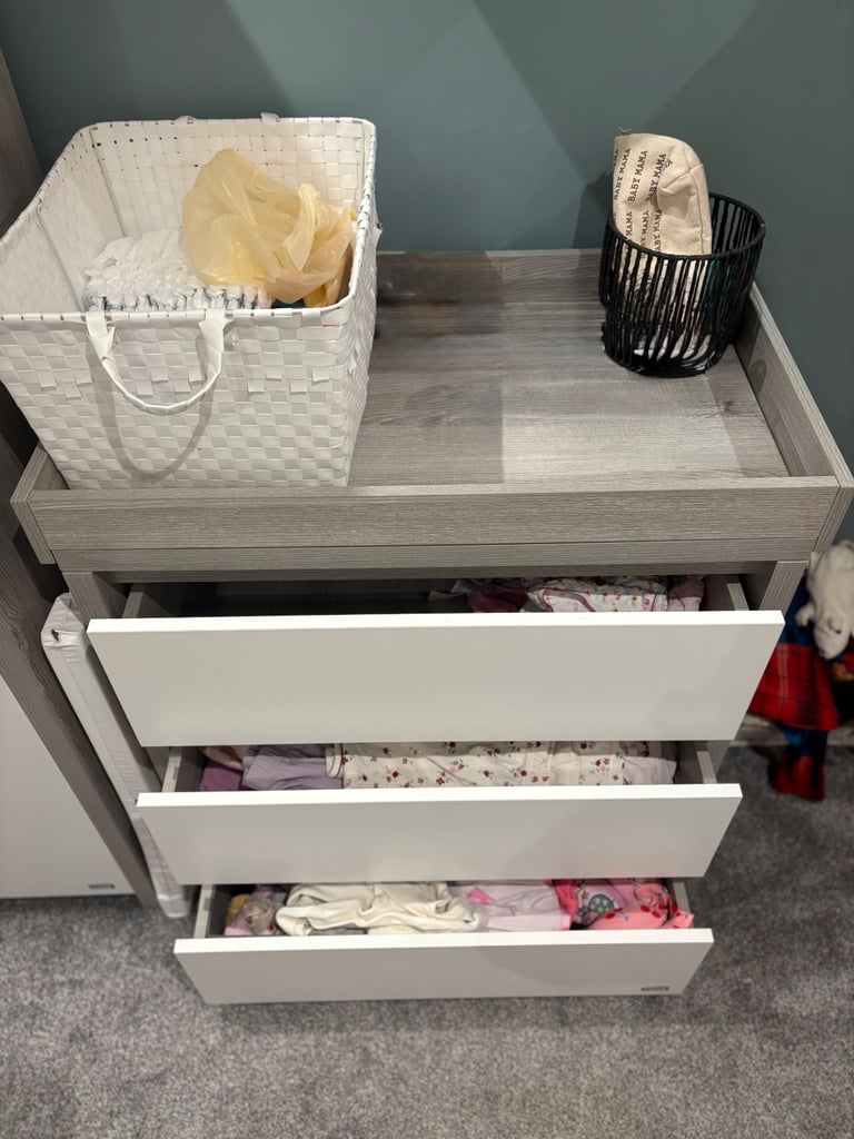 Tutti Bambini Modena Kids Wardrobe & Changing Table Drawer Set – Grey Ash & White Nursery Furniture
