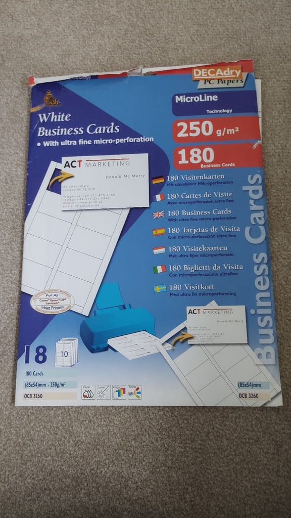 68 cards ,85mm  x 54mm ideal for business cards, invites etc.  £15.99 for 120 in Ryman
