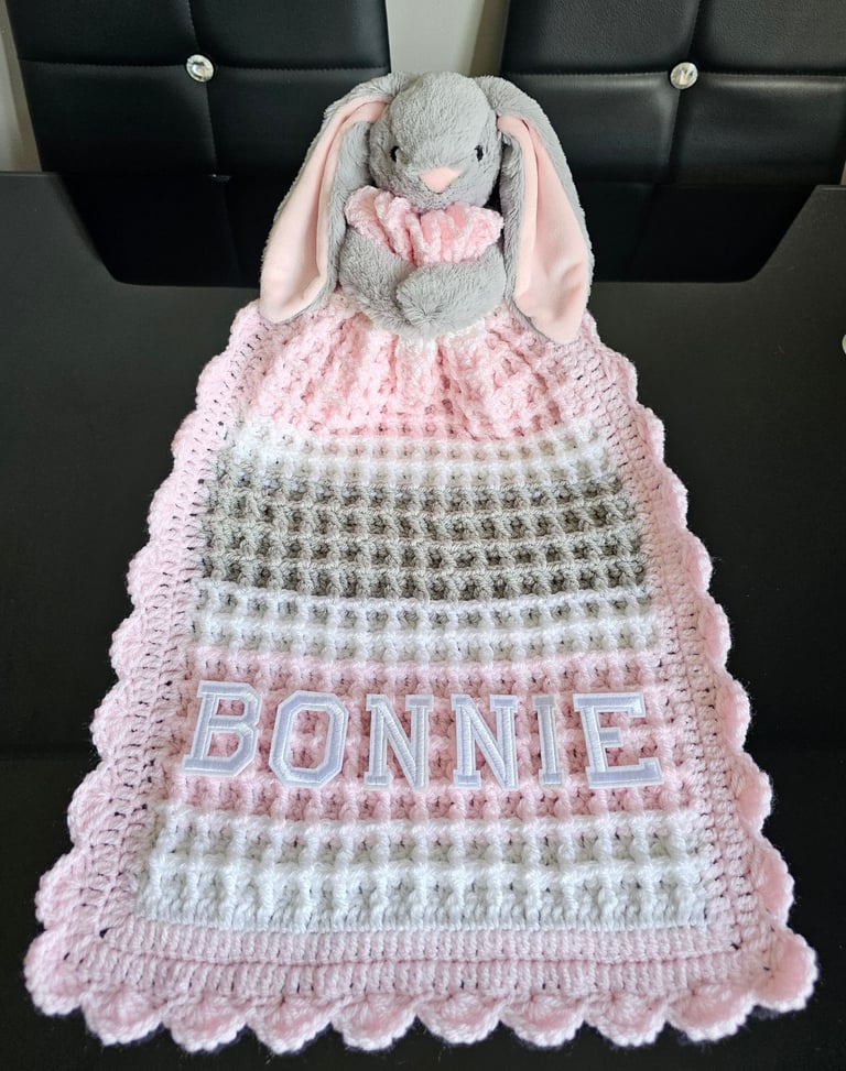 Crochet Baby Comfort Blanket, Personalised, Girls and Boys colours available
