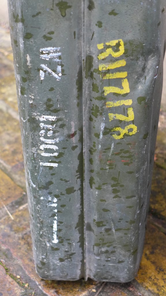 TWO LARGE VINTAGE HEAVY DUTY METAL JERRY CANS. FUEL STORAGE. FUEL CARRYING CANS. 20 Litres.