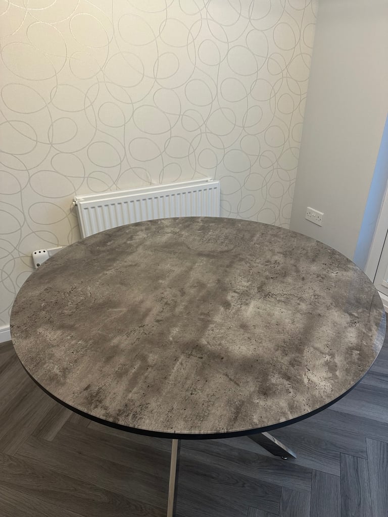 Grey marble effect glass top dining table with chrome legs and 4 grey suede dining chairs 
