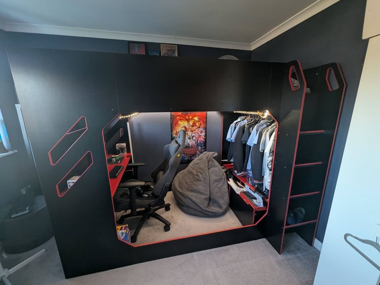 Gaming high sleeper black & red small double bed, mattress not included