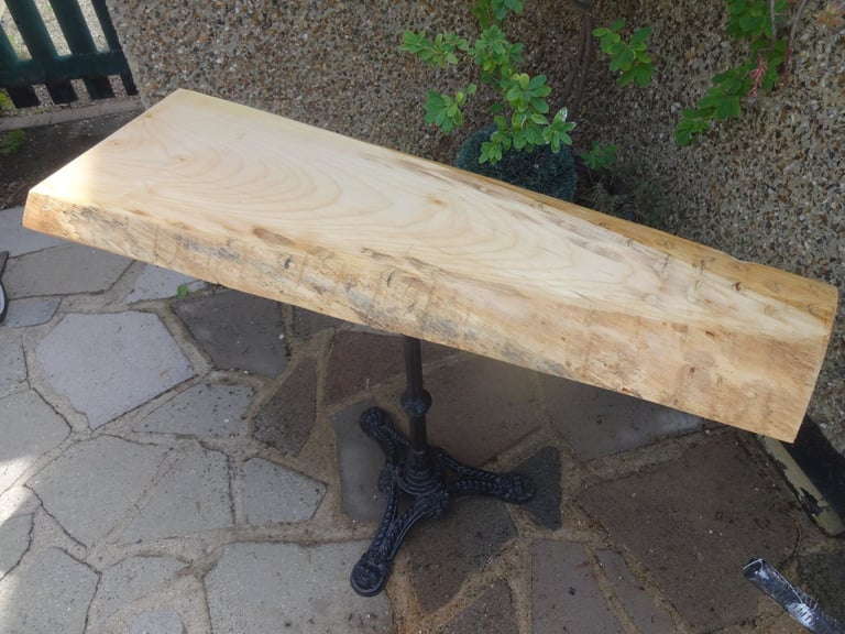 LIVE EDGE TABLE ~ CAST IRON PEDESTAL BASE WITH SLAB OF SYCAMORE TOP ~ 