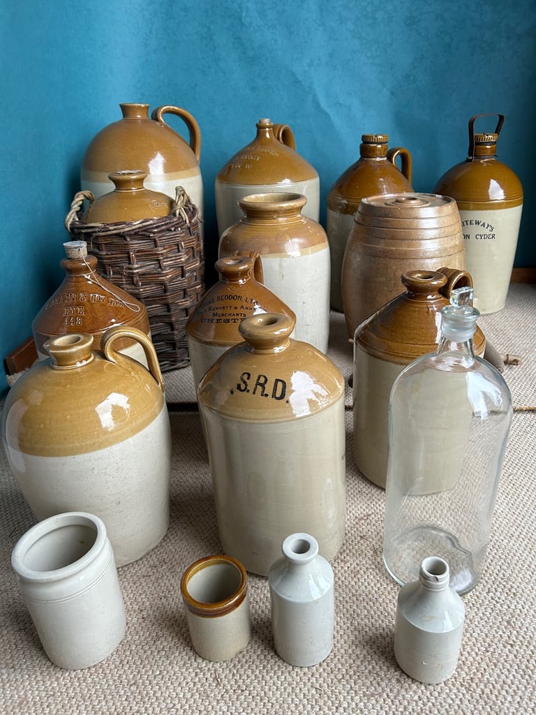 image for Collection of 17 antique stoneware flagons, jugs, and bottles