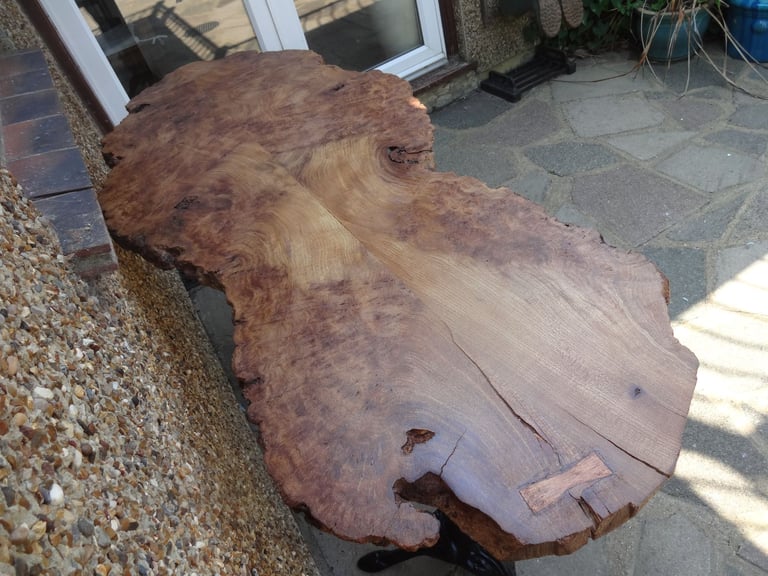 LIVE EDGE TABLE ~ SLAB OF BURR WALNUT ON A DOUBLE TRIPOD BASE ~ 