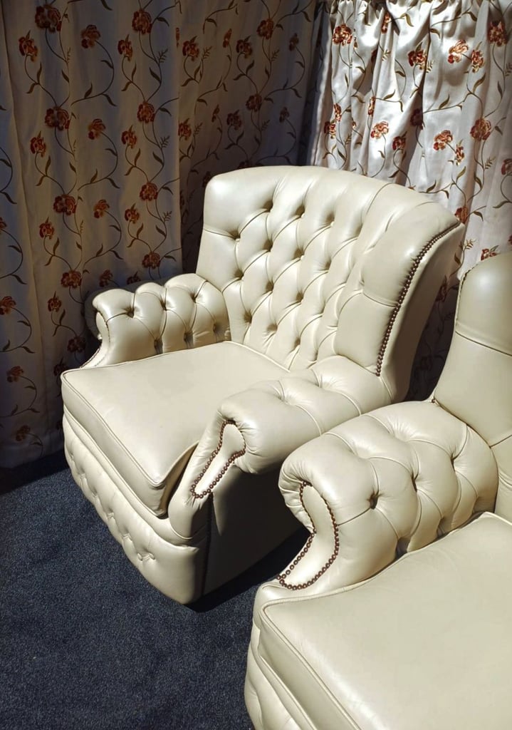 Beige Chesterfield 3 seater sofa and 2 armchairs