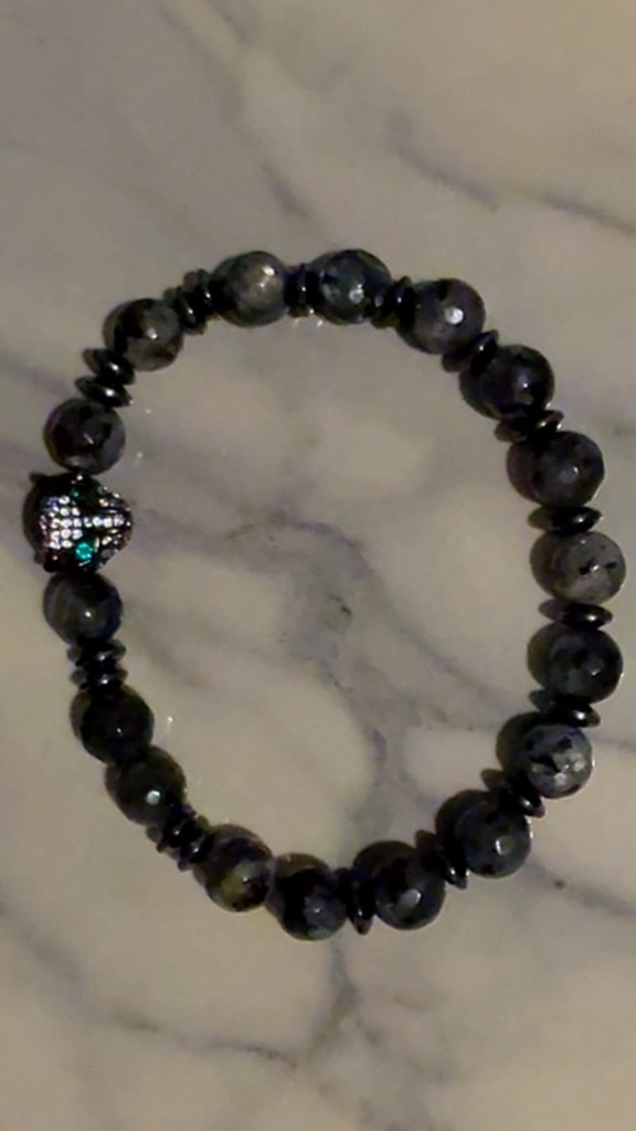 image for Handmade Labradorite Hematite Faceted Beaded Bracelet Heart Charm