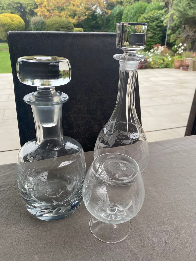 2 x beautiful Cut Glass decanters + one matching brandy balloon glass