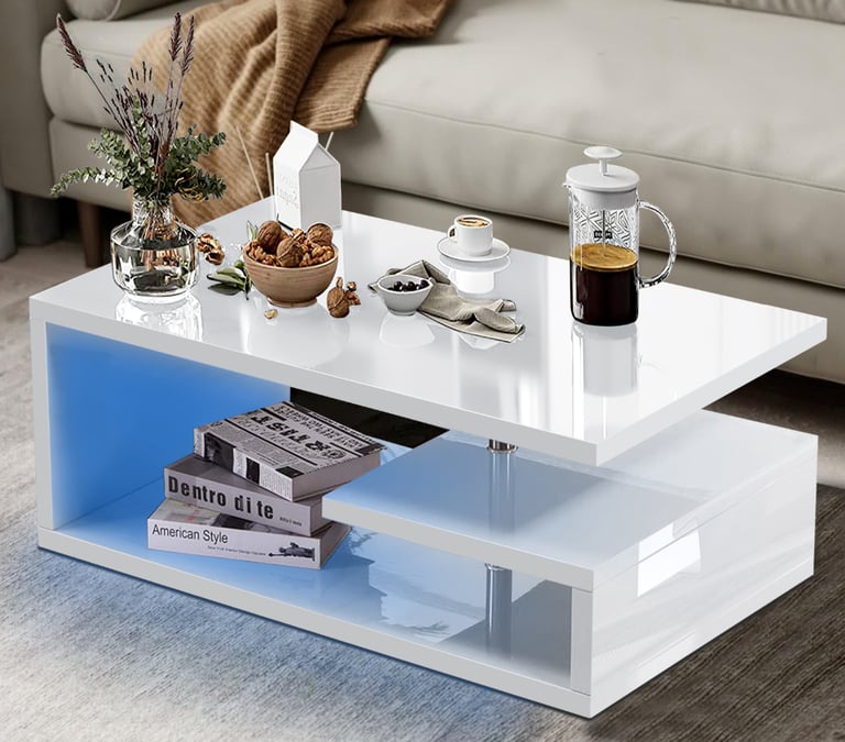 Wooden Coffee Table With Storage High Gloss Sofa End Table LED Light