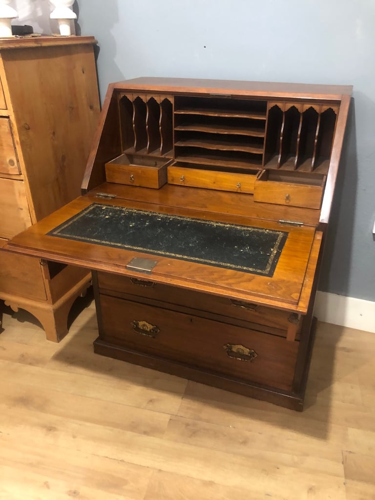 Antique wooden writing desk bureau with drawers 