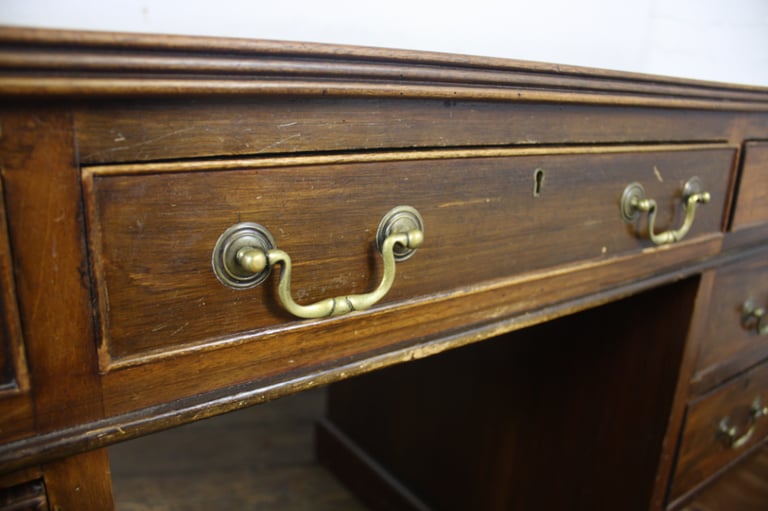 Antique Leather Top Pedestal Desk Vintage Wooden Furniture