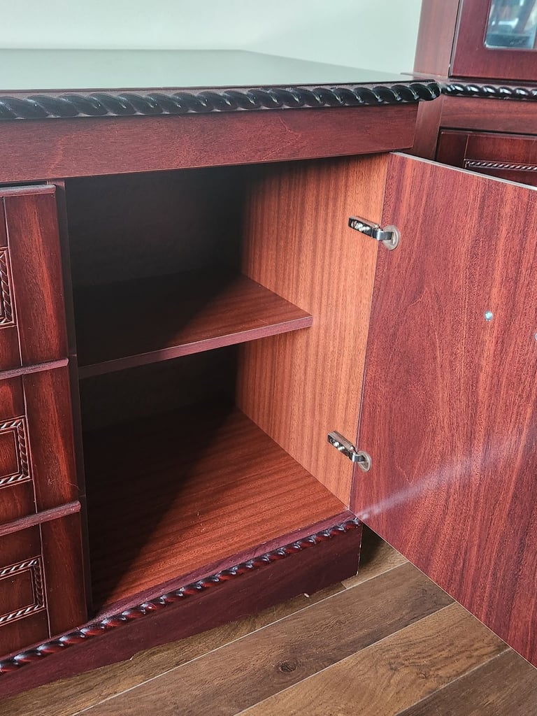 Solid Wood Mahogany Sideboard Cupboard & Drawers Unit with Carving & Brass Pulls