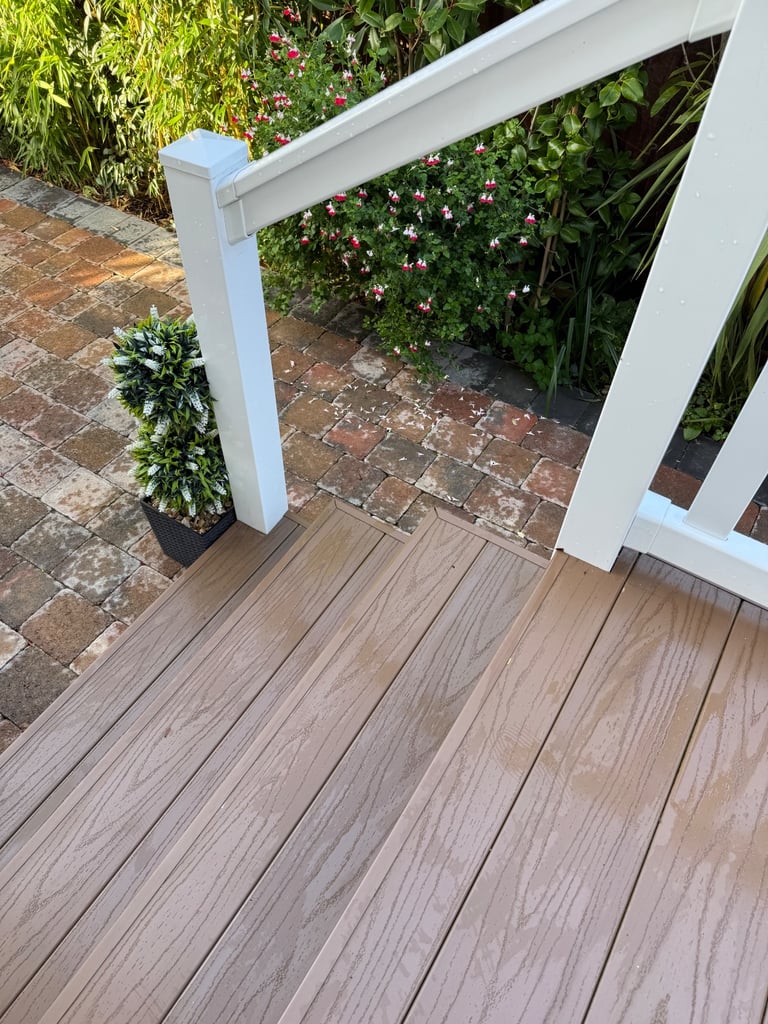 Verandah Composite decking, antique oak, great condition. All decking, rails, skirting.
