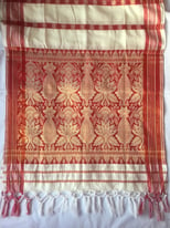 Lady's shawl cream, design red & gold, size 198cm L, 64cm W, 8cm W borders.