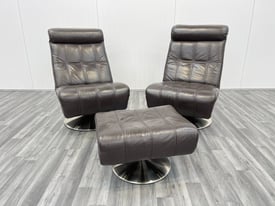 2 Retro Vintage Dark Brown Italian Leather Swivel Chairs + Footstool by Violino. Mid Century Style
