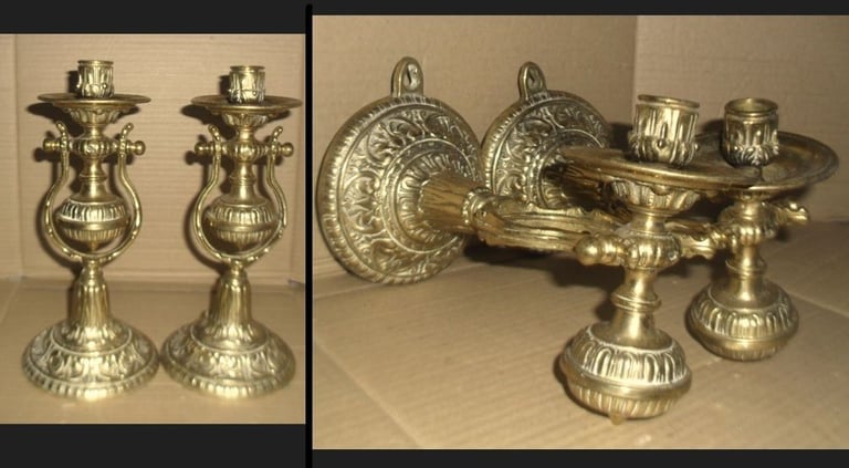 image for Pair of Large Brass Candle Holders (freestanding or wall mounted)