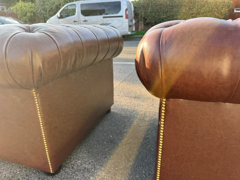 Pair of chesterfield faux brown leather club armchairs 