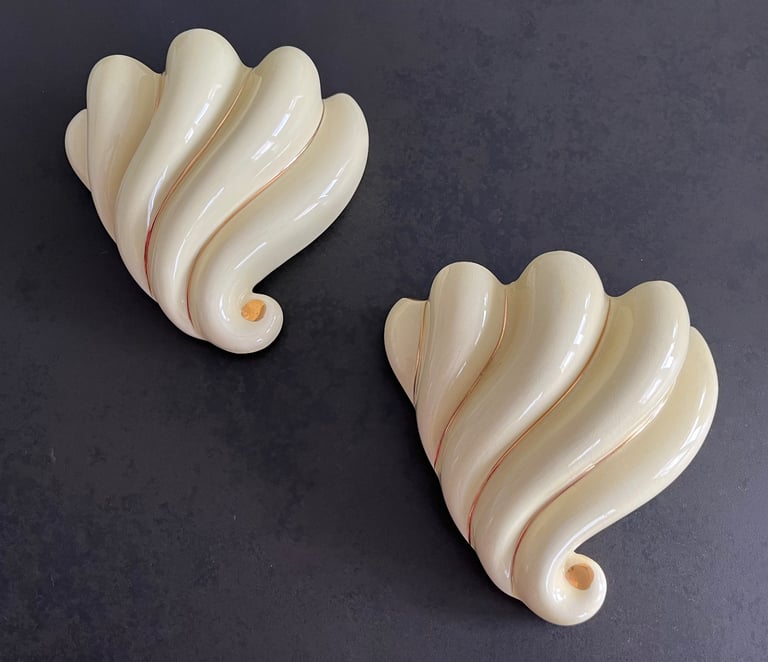 2 x vintage yellow ceramic wall pockets with 22ct gold gilding detail