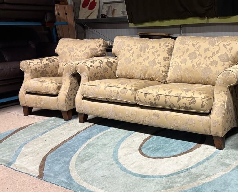 Flowers Pattern Beige Fabric 3 Seater Sofa and Chair 