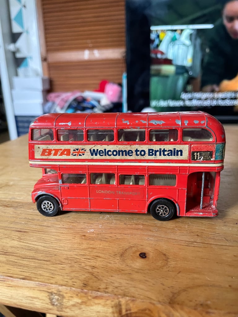 image for Vintage Corgi AEC Routemaster London double-decker bus features a &quot;BTA Welcome to Britain&quot;