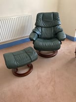Pair of Dark Green comfortable G-Plan leather armchairs with foot rests