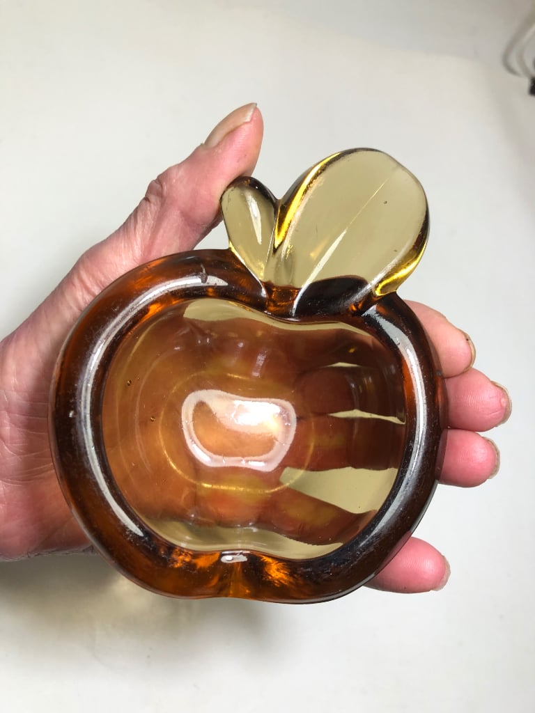 Cute Amber Glass Ashtray. Unusual Fruit Apple Shape. Art Glass. Mid-Century