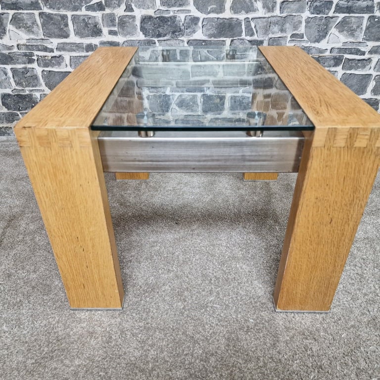 Modern Oak & Glass Side Table with Brushed Steel Detail