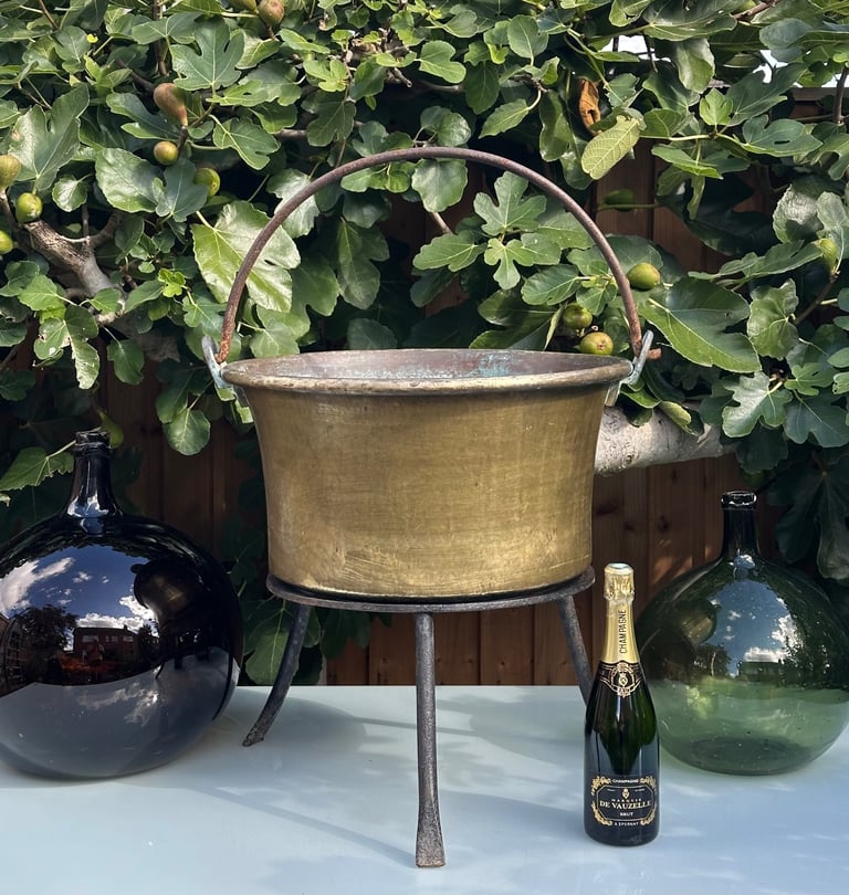 LARGE ANTIQUE FRENCH COPPER CAULDRON & STAND, LOG BUCKET, PLANTER, L58cm - 1900s - WILL POST!