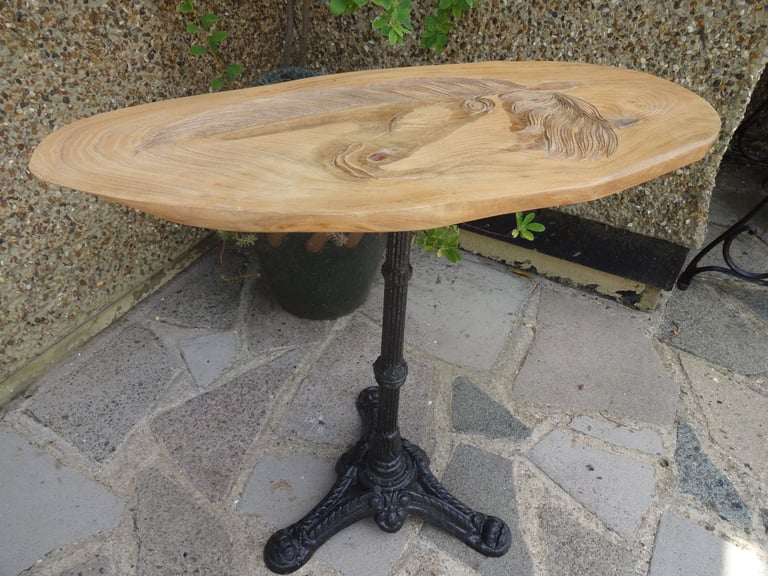 LIVE EDGE TABLE ~ CAST IRON PEDESTAL BASE WITH SLAB OF OAK TOP ~