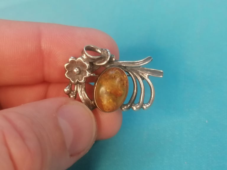 A Lovely Vintage Silver  with Baltic see Amber stone Brooch.  