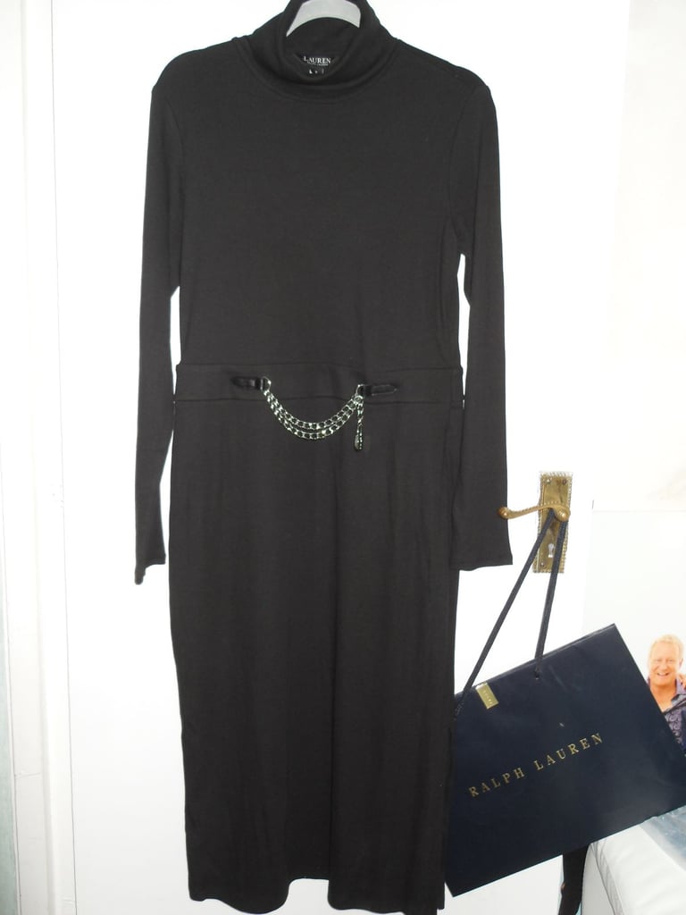 BNWT Ralph Lauren Chain Trim Turtle Neck Black Dress Size US 12 UK 16
