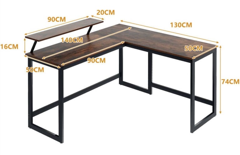 L-shaped desk, rustic brown.
