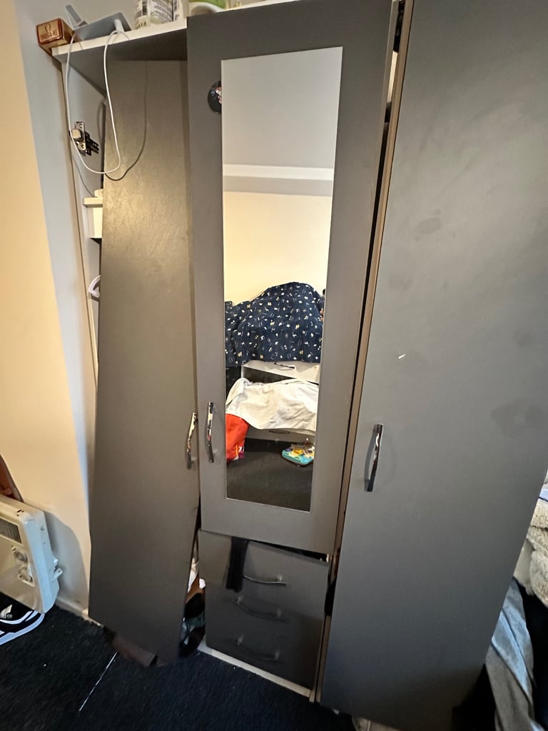 3-Door Grey Wardrobe with Mirror & Drawers – Good Condition