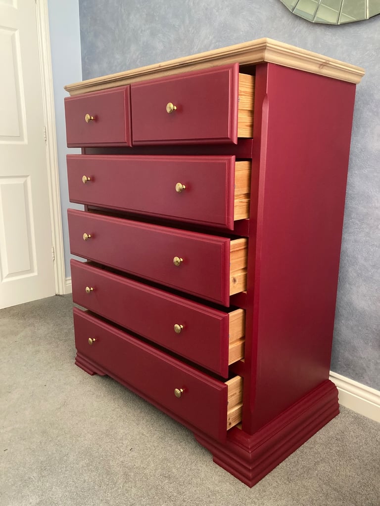 Refinished Pine/Burgundy Chest Of Drawers 