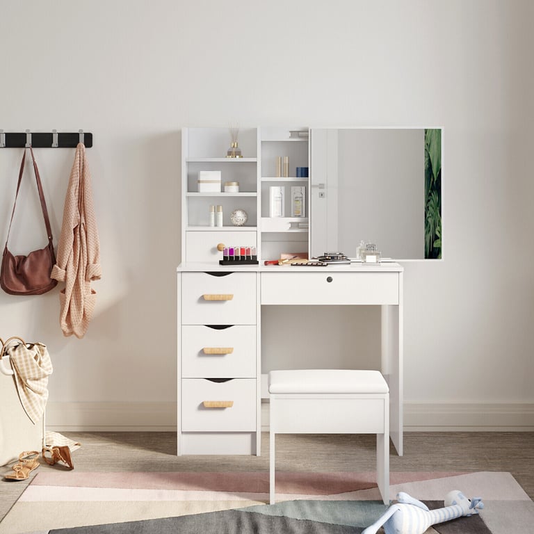 New White 5 Drawers Makeup Desk + Sliding Mirror and Stool RRP £220 Our Price £145