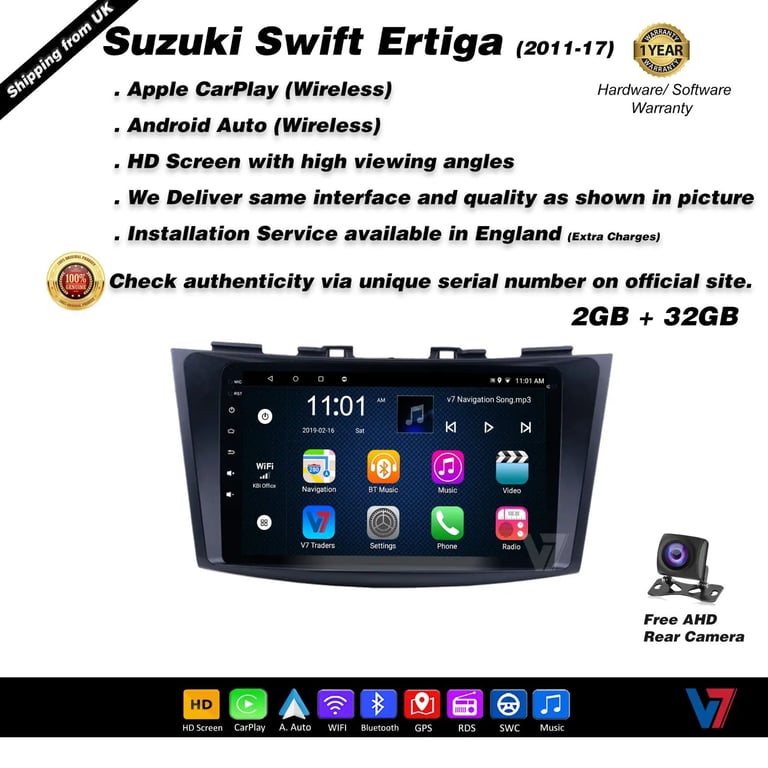 Swift Ertiga 2011-17 CARPLAY Android Auto HD Screen Head Unit GPS Stereo LCD Panel V7