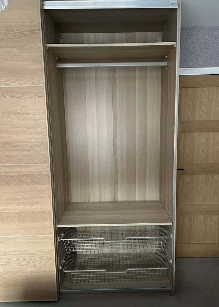 LARGE IKEA PAX White Oak Wardrobe, 2 Hang Rail, 5 Shelf & 3 wire drawers, 200x236 FREE DELIVERY 038